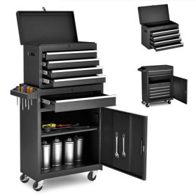 Tool Chest, 5-Drawer Rolling Tool Storage Cabinet With Detachable Top Tool Box, Liner, Universal Lockable Wheels, Adjustable Shelf, Locking Mechanism,