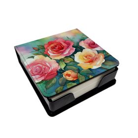 Oklahoma Roses in Watercolor PU Leather Note Paper Holder with Artist-Designed Cover, Desk Accessory, Office Gift