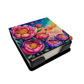 Peonies in Color PU Leather Note Paper Holder with Artist-Designed Cover, Desk Accessory, Office Gift