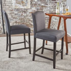 Set of 2, 27" Upholstered Counter Height Barstools with Nailhead Trim, Dark Charcoal and Walnut, Fabric