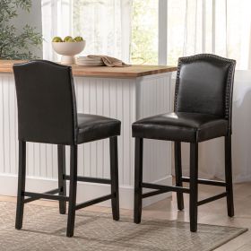 Set of 2, 27" Upholstered Counter Height Barstools with Nailhead Trim, Brown and Walnut, PU