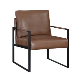 Modern Accent Chair Cushioned Seat Brown Faux Leather Upholstery Black Metal Frame 1pc Style Comfort Durability Elegance Look