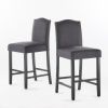 Set of 2, 27" Upholstered Counter Height Barstools with Nailhead Trim, Dark Charcoal and Walnut, Fabric