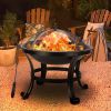 Outdoor 22 Inch Round Fire Pit, 5 Piece Set, Curved Iron Outdoor Wood Burning Fire Pit Terrace BBQ Camping Fire Pit with BBQ Backyard Poolside, Black