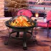 Outdoor 22 Inch Round Fire Pit, 5 Piece Set, Curved Iron Outdoor Wood Burning Fire Pit Terrace BBQ Camping Fire Pit with BBQ Backyard Poolside, Black