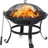 Outdoor 22 Inch Round Fire Pit, 5 Piece Set, Curved Iron Outdoor Wood Burning Fire Pit Terrace BBQ Camping Fire Pit with BBQ Backyard Poolside, Black