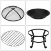 Outdoor 22 Inch Round Fire Pit, 5 Piece Set, Curved Iron Outdoor Wood Burning Fire Pit Terrace BBQ Camping Fire Pit with BBQ Backyard Poolside, Black