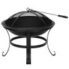 Outdoor 22 Inch Round Fire Pit, 5 Piece Set, Curved Iron Outdoor Wood Burning Fire Pit Terrace BBQ Camping Fire Pit with BBQ Backyard Poolside, Black