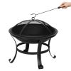 Outdoor 22 Inch Round Fire Pit, 5 Piece Set, Curved Iron Outdoor Wood Burning Fire Pit Terrace BBQ Camping Fire Pit with BBQ Backyard Poolside, Black