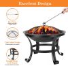 Outdoor 22 Inch Round Fire Pit, 5 Piece Set, Curved Iron Outdoor Wood Burning Fire Pit Terrace BBQ Camping Fire Pit with BBQ Backyard Poolside, Black