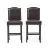 Set of 2, 27" Upholstered Counter Height Barstools with Nailhead Trim, Brown and Walnut, PU