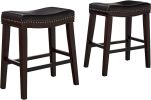 26" Contemporary Upholstered Saddle Counter Stool with Nailhead Trim (Set of 2), Dark Brown