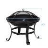 Outdoor 22 Inch Round Fire Pit, 5 Piece Set, Curved Iron Outdoor Wood Burning Fire Pit Terrace BBQ Camping Fire Pit with BBQ Backyard Poolside, Black