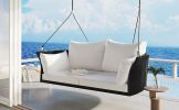 GO 51.9" 2-Person Hanging Seat, Rattan Woven Swing Chair, Porch Swing With Ropes, Black Wicker And White Cushion