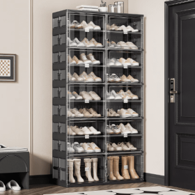 Dual-type Shoe Storage, Hard Plastic Stackable Shoe Box, Folding Shoe Rack With Magnetic Door (Option: Black2)