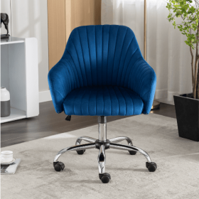 Accent Chair Modern Home Office Leisure Chair With Adjustable Velvet Height And Adjustable Casters (Color: Dark Blue)