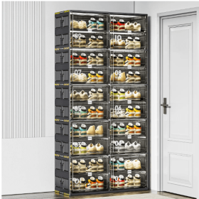 6 Layers Of 24 Pairs Of Hard Plastic Shoe Storage Cabinet, Large Stackable And Foldable Sneaker Shoe Box Storage Cabinet (Option: Black2)