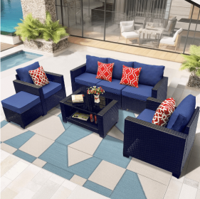 Outdoor Garden Patio Furniture 7 Piece PE Rattan Upholstered Sofa Set & Coffee Table (Color: Blue)