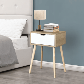 Side Table With 1 Drawer And Rubber Wood Legs, Mid-Century Modern Storage Cabinet For Bedroom Living Room Furniture (Option: Natural color)