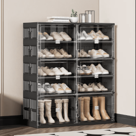 Dual-type Shoe Storage, Hard Plastic Stackable Shoe Box, Folding Shoe Rack With Magnetic Door (Option: Black3)