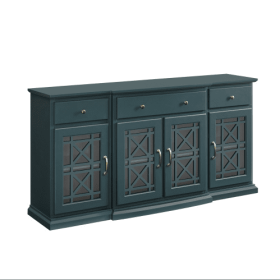 Classic Fretwork Detailed Glass-Door Sideboard - Dark Teal (Option: Dark bluegreen)