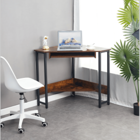 Triangle Computer Desk, Corner Table With Sleek Keyboard Tray And Storage Shelves As A Workstation For Small Spaces (Color: Brown)