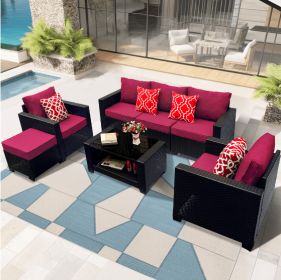 Outdoor Garden Patio Furniture 7 Piece PE Rattan Upholstered Sofa Set & Coffee Table (Color: Red)