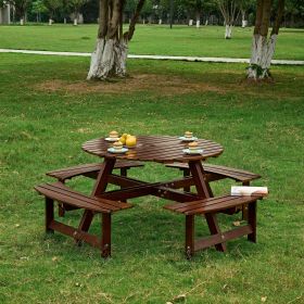 Outdoor 6 Person Picnic Table, 6 person Round Picnic Table with 3 Built-in Benches, Umbrella Hole, Outside Table and Bench Set for Garden, Backyard (Person: 8, Color: Brown)