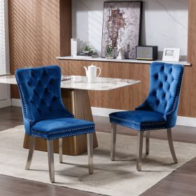 Modern High-end Tufted Solid Wood Contemporary Velvet Upholstered Dining Chair with Chrome Stainless Steel Plating Legs,Nailhead Trim,Set of 2 (Material: Velvet, Color: Blue)