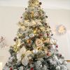 6FT/7FT Artificial Falling Snow Christmas Tree White Flocking with Plastic Silver Ball Bouquet LED Light Decoration & Metal Stand for Indoor or Outdoo