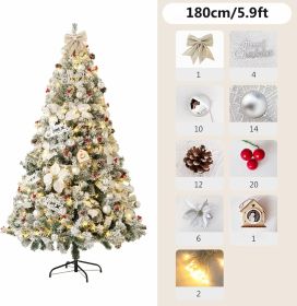 6FT/7FT Artificial Falling Snow Christmas Tree White Flocking with Plastic Silver Ball Bouquet LED Light Decoration & Metal Stand for Indoor or Outdoo (Color: 6FT Christmas Tree)