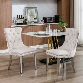 Modern High-end Tufted Solid Wood Contemporary Velvet Upholstered Dining Chair with Chrome Stainless Steel Plating Legs,Nailhead Trim,Set of 2 (Material: Velvet, Color: Beige)