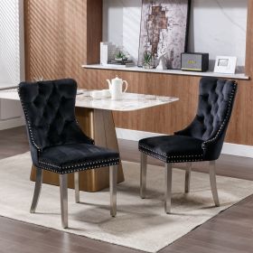 Modern High-end Tufted Solid Wood Contemporary Velvet Upholstered Dining Chair with Chrome Stainless Steel Plating Legs,Nailhead Trim,Set of 2 (Material: Velvet, Color: Black)