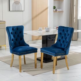 Modern High-end Tufted Solid Wood Contemporary Velvet Upholstered Dining Chair with Chrome Stainless Steel Plating Legs,Nailhead Trim,Set of 2 (Material: Velvet, Color: Blue-2)