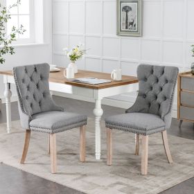 Modern High-end Tufted Solid Wood Contemporary Flax Upholstered Dining Chair with Wood Legs Nailhead Trim 2-Pcs Set (Material: Linen, Color: Gray)