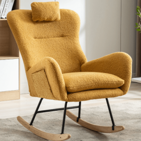 Rocking Chair With Pockets, Soft Teddy Fabric Rocking Chair For Nursery, Comfortable Wingback Golider Rocking Chair (Color: Yellow)